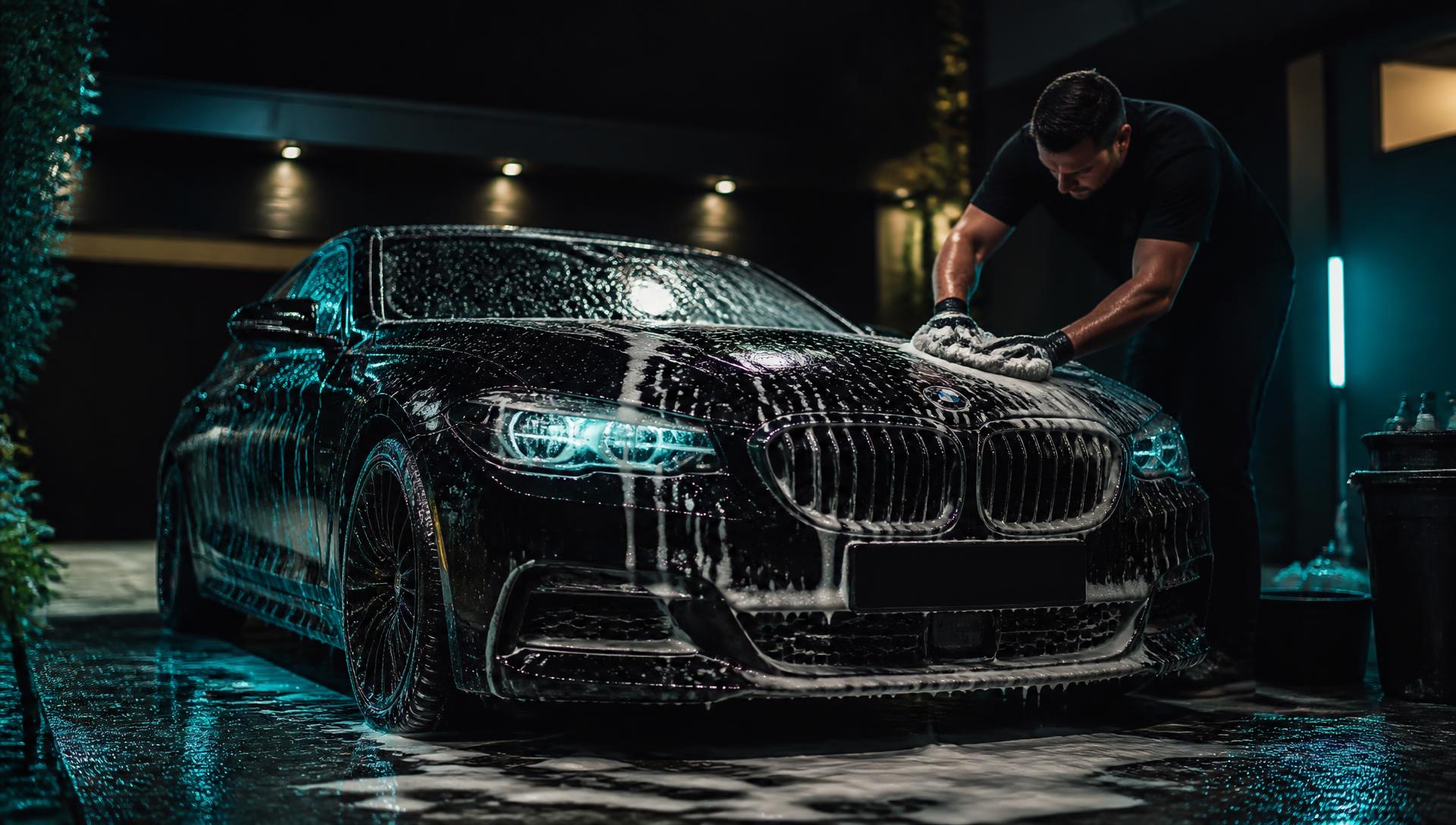 Zwarte luxe auto wordt met de hand gewassen bij de klant thuis